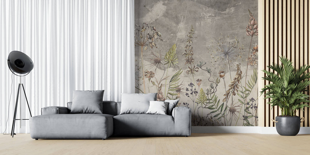 Tapet Personalizat Floral cu flori de camp salbatice intr-un fundal sters gri - WILD SPRING V
