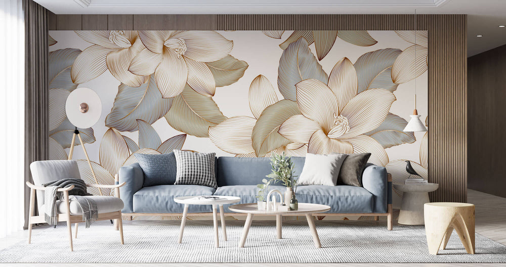 Tapet Personalizat Floral cu flori crem in contur auriu - GOLD CONTOUR