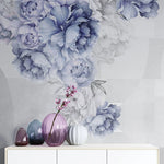 Tapet personalizat floral cu flori mov lila de bujori pe un fundal alb geometric purple peony