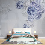 Tapet personalizat floral cu flori mov lila de bujori pe un fundal alb geometric purple peony