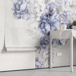 Tapet personalizat floral cu flori mov lila de bujori pe un fundal alb geometric purple peony