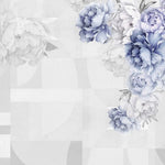 Tapet personalizat floral cu flori mov lila de bujori pe un fundal alb geometric purple peony