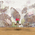 Tapet personalizat leaf cu frunze maro si flori de lotus roz pe un fundal alb deschis brown lotus