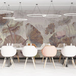 Tapet personalizat leaf cu frunze maro si flori de lotus roz pe un fundal alb deschis brown lotus