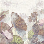 Tapet personalizat leaf cu frunze maro si flori de lotus roz pe un fundal alb deschis brown lotus