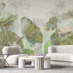 Tapet personalizat leaf cu frunze verde aprins si flori de lotus roz pe un fundal verde deshis menta bright green lotus