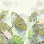 Tapet personalizat leaf cu frunze verde aprins si flori de lotus roz pe un fundal verde deshis menta bright green lotus