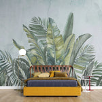 Tapet personalizat leaf cu frunze tropicale exotice in nuante de verde pe un fundal verde menta exotic green leaves