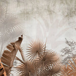 Tapet personalizat leaf cu frunze tropicale exotice in nuante de maro sepia cu fundal texturat in dungi exotic sepia leaves