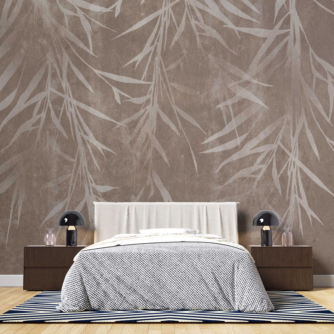Tapet personalizat leaf cu frunze de bambus bej deschis pe un fundal maro cu textura de perete brown bamboo