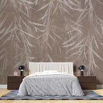 Tapet personalizat leaf cu frunze de bambus bej deschis pe un fundal maro cu textura de perete brown bamboo