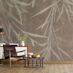 Tapet personalizat leaf cu frunze de bambus bej deschis pe un fundal maro cu textura de perete brown bamboo