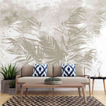 Tapet personalizat leaf cu frunze de palmier bej pe un fundal alb cu design minimalist palm noise
