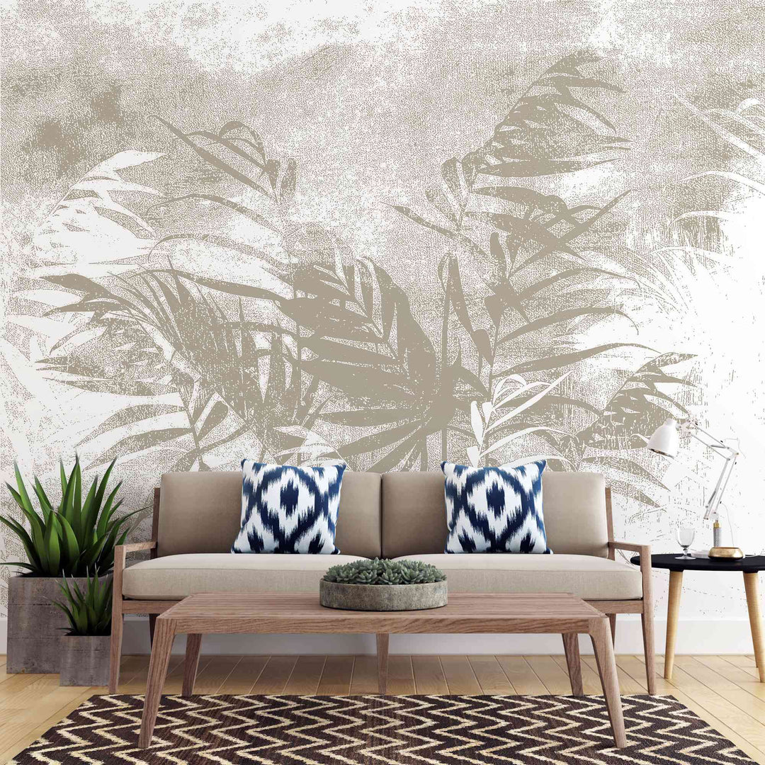 Tapet personalizat leaf cu frunze de palmier bej pe un fundal alb cu design minimalist palm noise