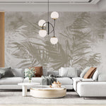 Tapet personalizat leaf cu frunze de palmier bej pe un fundal alb cu design minimalist palm noise