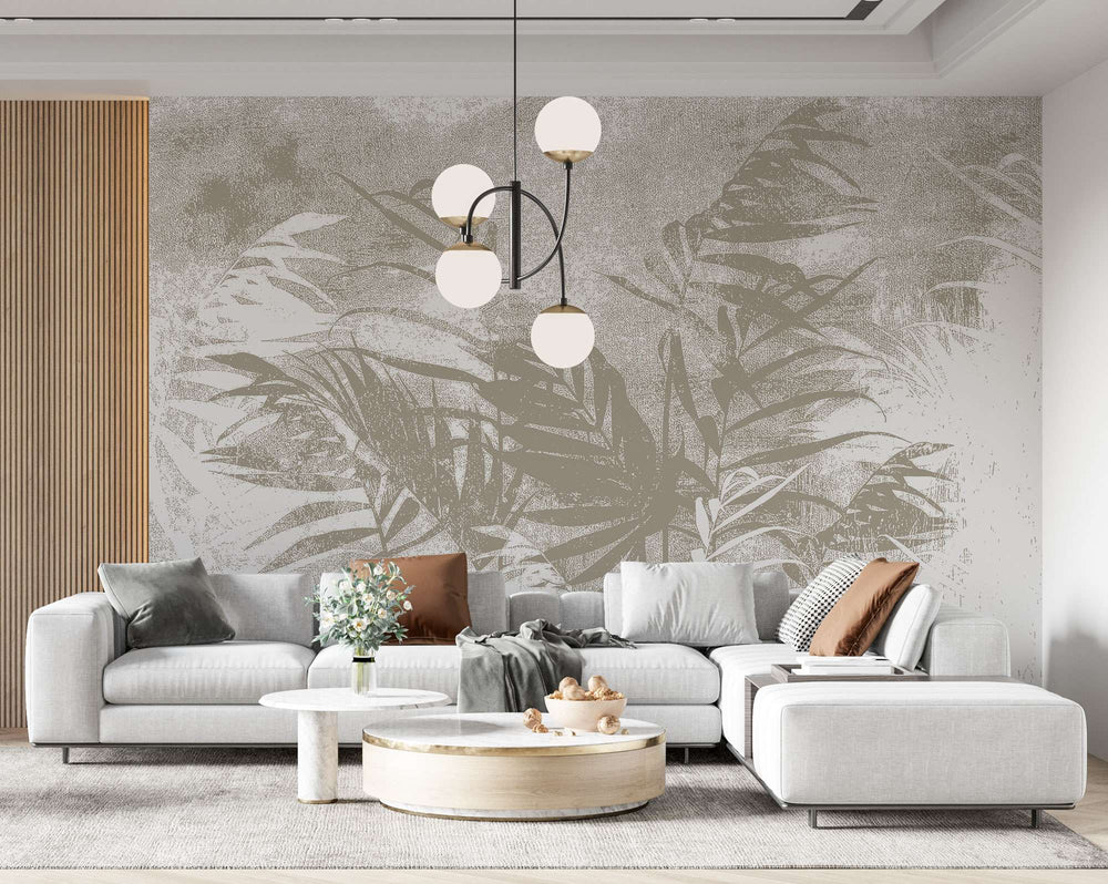 Tapet personalizat leaf cu frunze de palmier bej pe un fundal alb cu design minimalist palm noise
