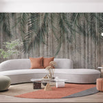 Tapet personalizat leaf cu frunze de palmier in nuante de verde pe un fundal inchis de perete texturat palm green