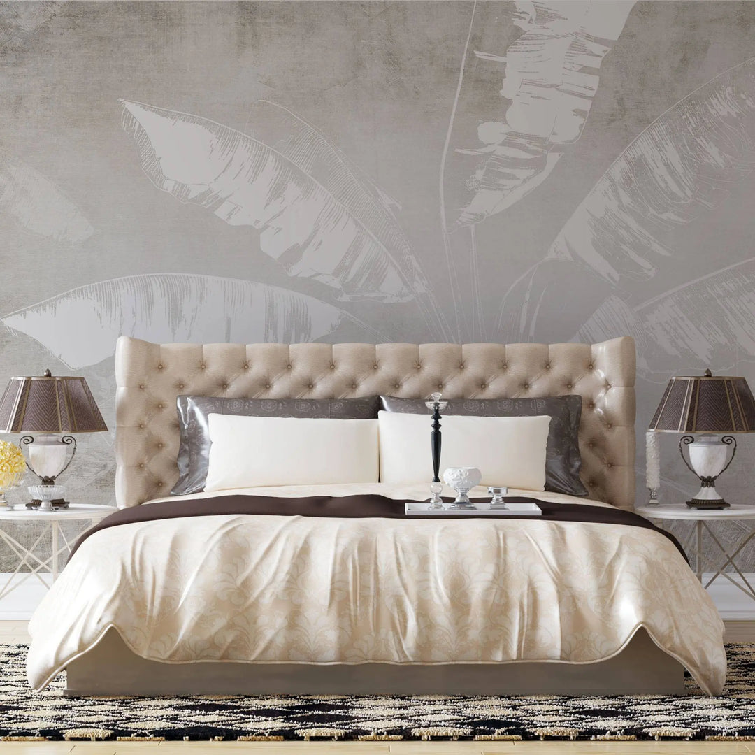 Tapet personalizat leaf cu frunze de bananier albe pe un fundal bej minimalist white banana leaves