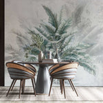 Tapet personalizat leaf cu copac tropical cu frunze in nuante de verde pe un fundal gri deschis dreamy tropical tree