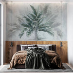 Tapet personalizat leaf cu copac tropical cu frunze in nuante de verde pe un fundal gri deschis dreamy tropical tree