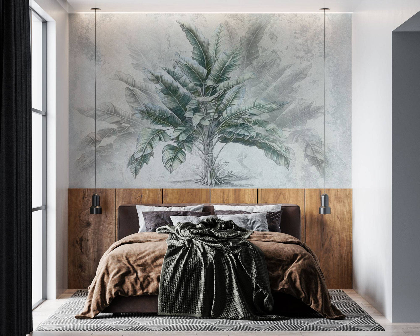 fototapet-personalizat-leaf-cu-copac-tropical-cu-frunze-in-nuante-de-verde-pe-un-fundal-gri-deschis-dreamy-tropical-tree