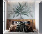 Tapet personalizat leaf cu copac tropical cu frunze in nuante de verde pe un fundal gri deschis dreamy tropical tree