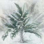 Tapet personalizat leaf cu copac tropical cu frunze in nuante de verde pe un fundal gri deschis dreamy tropical tree