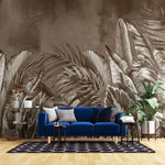 Tapet personalizat leaf cu frunze tropicale exotice in nuante inchise de maro sepia dark sepia leaves