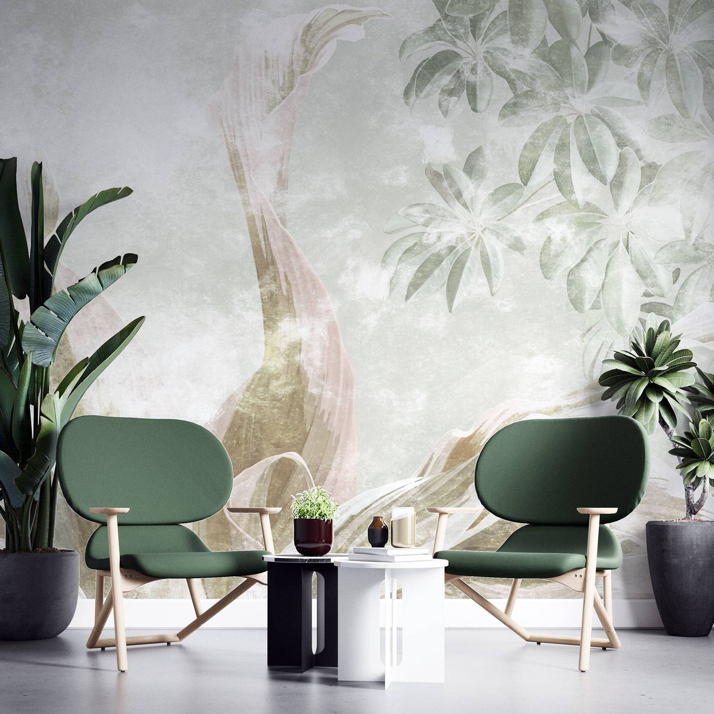 fototapet-personalizat-leaf-cu-frunze-tropicale-in-nuante-fade-de-verde-pe-un-fundal-deschis-faded-exotic