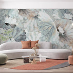Tapet personalizat leaf cu frunze albastre si flori albe de lotus blue lotus