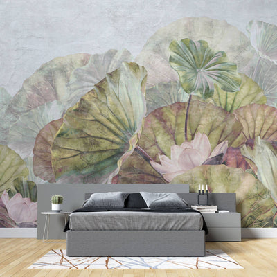 fototapet-personalizat-leaf-cu-frunze-roz-si-flori-albe-de-lotus--pink-green-lotus