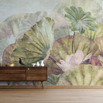 Tapet personalizat leaf cu frunze roz si flori albe de lotus  pink green lotus