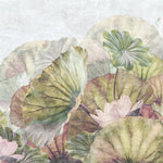 Tapet personalizat leaf cu frunze roz si flori albe de lotus  pink green lotus