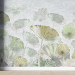 Tapet personalizat leaf cu frunze verzi si flori roz de lotus white green lotus