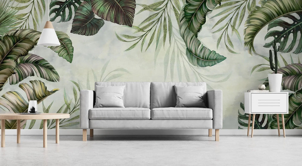 Tapet personalizat leaf cu frunze tropicale verzi in stil tropical tropical frame