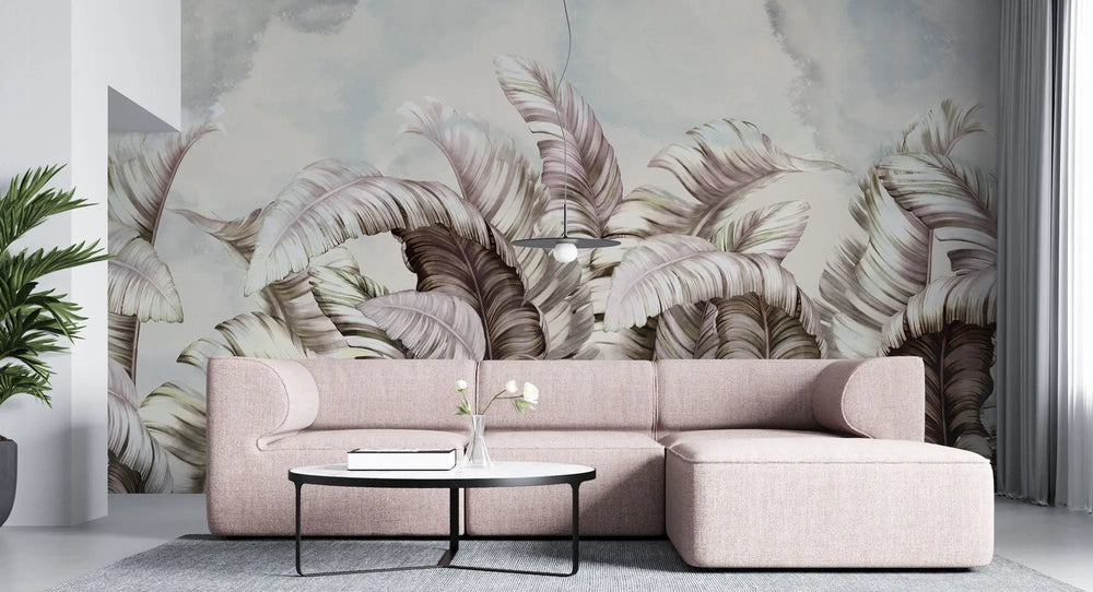 Tapet personalizat leaf cu frunze tropicale roz si albe cu fundal watercolor white tropical