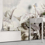 Tapet personalizat leaf cu frunze tropicale roz si albe cu fundal watercolor white tropical