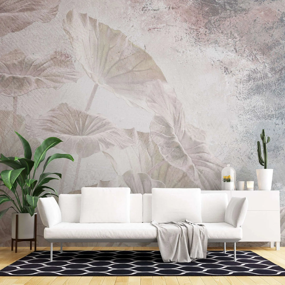 Tapet personalizat leaf cu frunze de lotus in nuante fine de roz si albastru paradise leaves