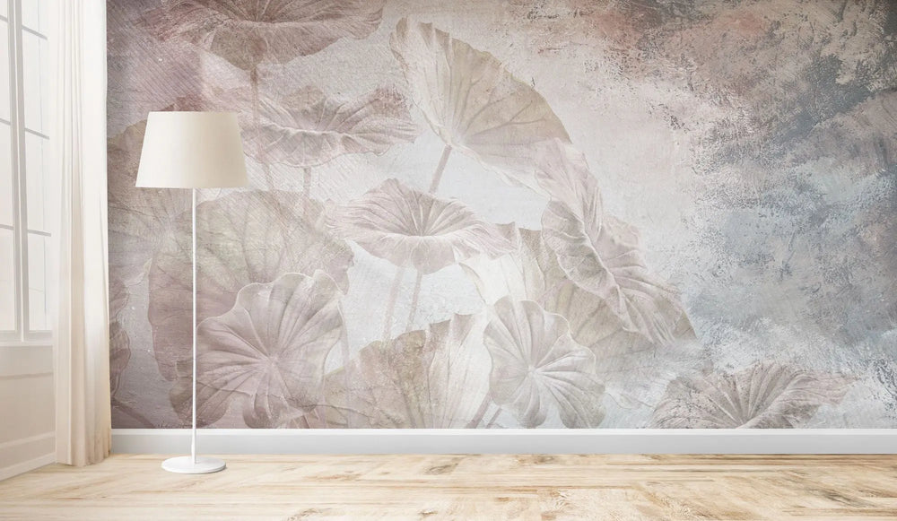 Tapet personalizat leaf cu frunze de lotus in nuante fine de roz si albastru paradise leaves