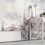 Tapet personalizat leaf cu frunze tropicale mov pe un fundal albastru texturat dracaena purple