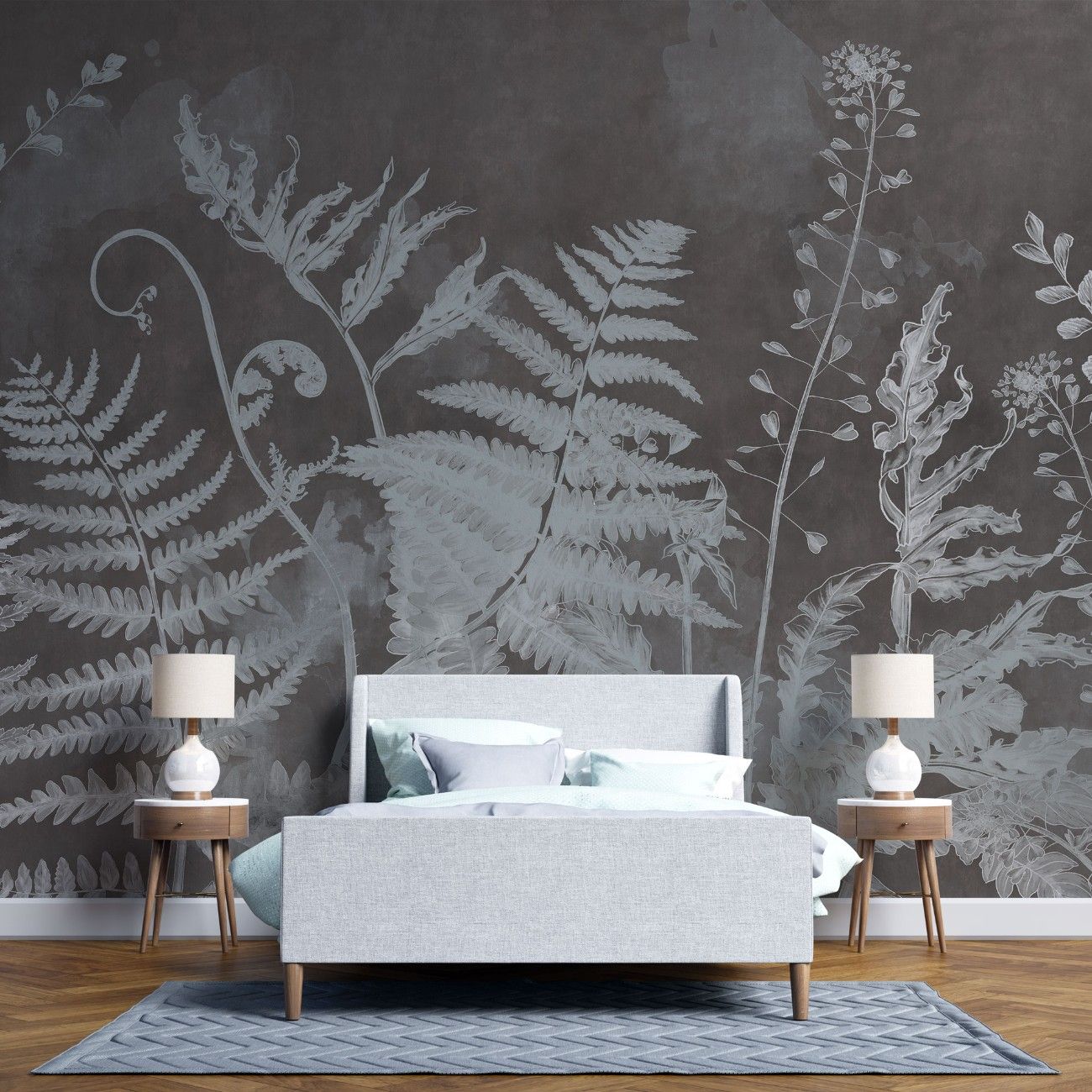 tapet personalizat leaf cu frunze cu model de feriga in nuante de gri pe fundal intunecat aducand un plus de eleganta si mister inverse fern