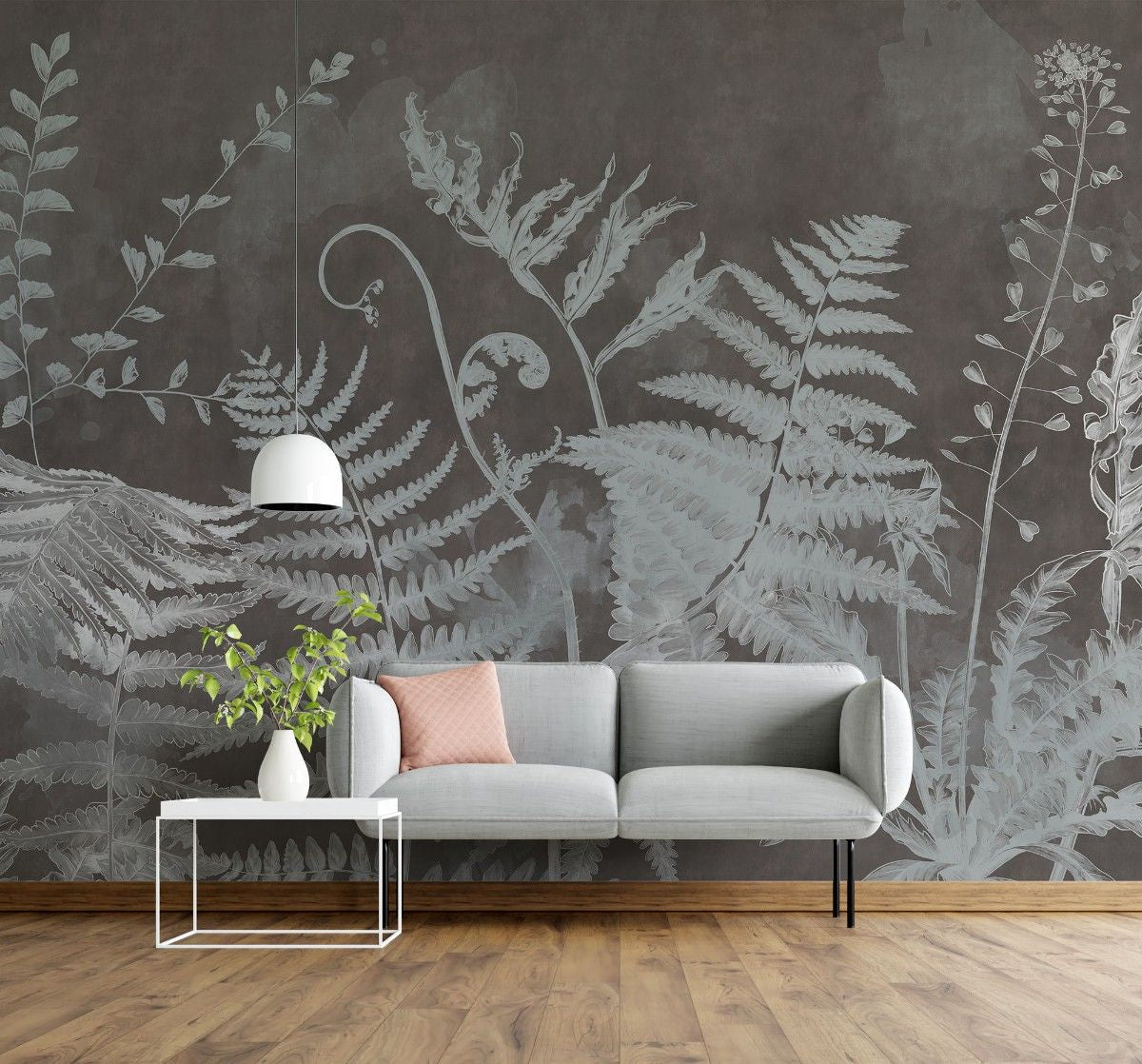tapet personalizat leaf cu frunze cu model de feriga in nuante de gri pe fundal intunecat aducand un plus de eleganta si mister inverse fern