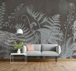 Tapet personalizat leaf cu frunze cu model de feriga in nuante de gri pe fundal intunecat aducand un plus de eleganta si mister inverse fern