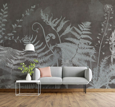 tapet personalizat leaf cu frunze cu model de feriga in nuante de gri pe fundal intunecat aducand un plus de eleganta si mister inverse fern