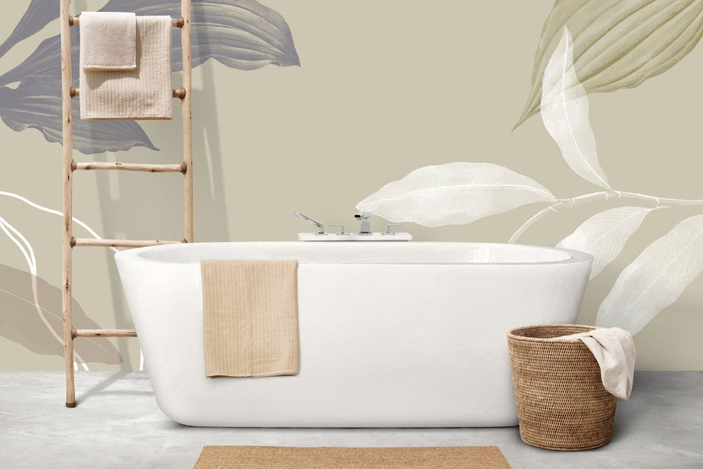Tapet personalizat leaf cu frunze minimalist cu frunze stilizate in tonuri de bej si gri perfect pentru un design echilibrat si modern beige balance