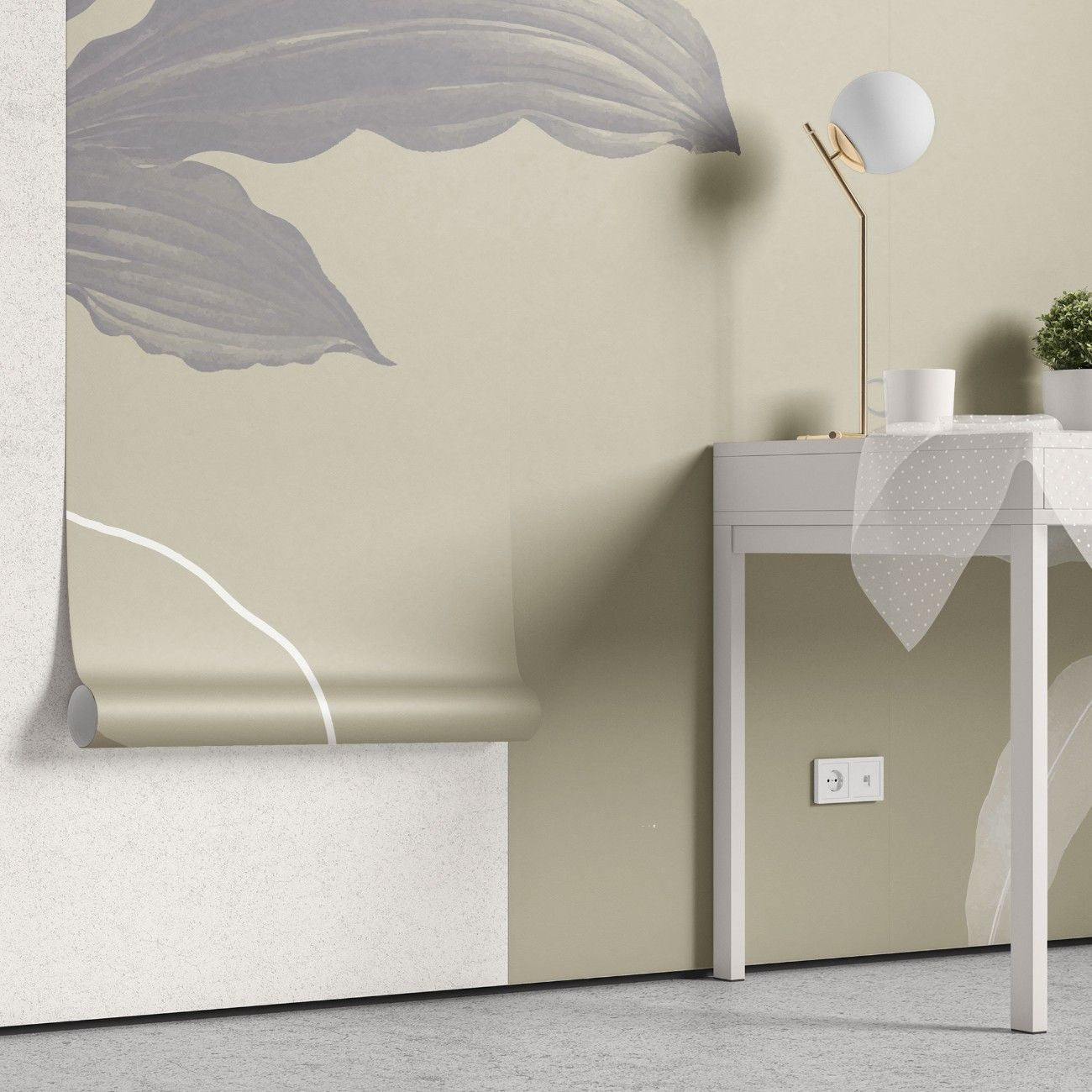 tapet personalizat leaf cu frunze minimalist cu frunze stilizate in tonuri de bej si gri perfect pentru un design echilibrat si modern beige balance