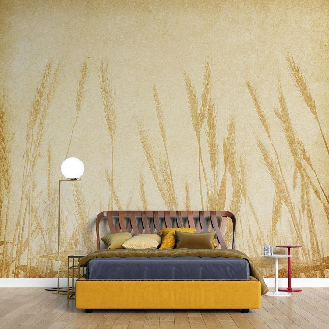 Tapet personalizat leaf cu frunze inspirat din campurile de grau cu spice aurii pe un fundal bej creand o atmosfera rustica si calda wheat