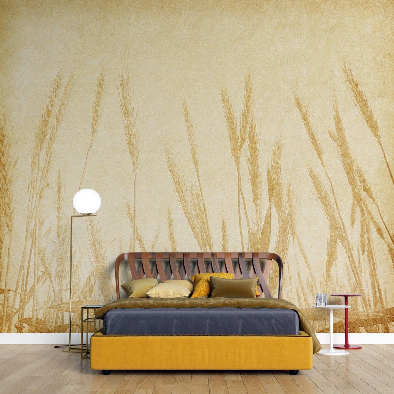 tapet personalizat leaf cu frunze inspirat din campurile de grau cu spice aurii pe un fundal bej creand o atmosfera rustica si calda wheat