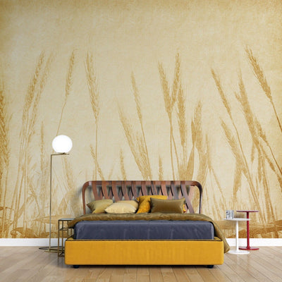 tapet personalizat leaf cu frunze inspirat din campurile de grau cu spice aurii pe un fundal bej creand o atmosfera rustica si calda wheat