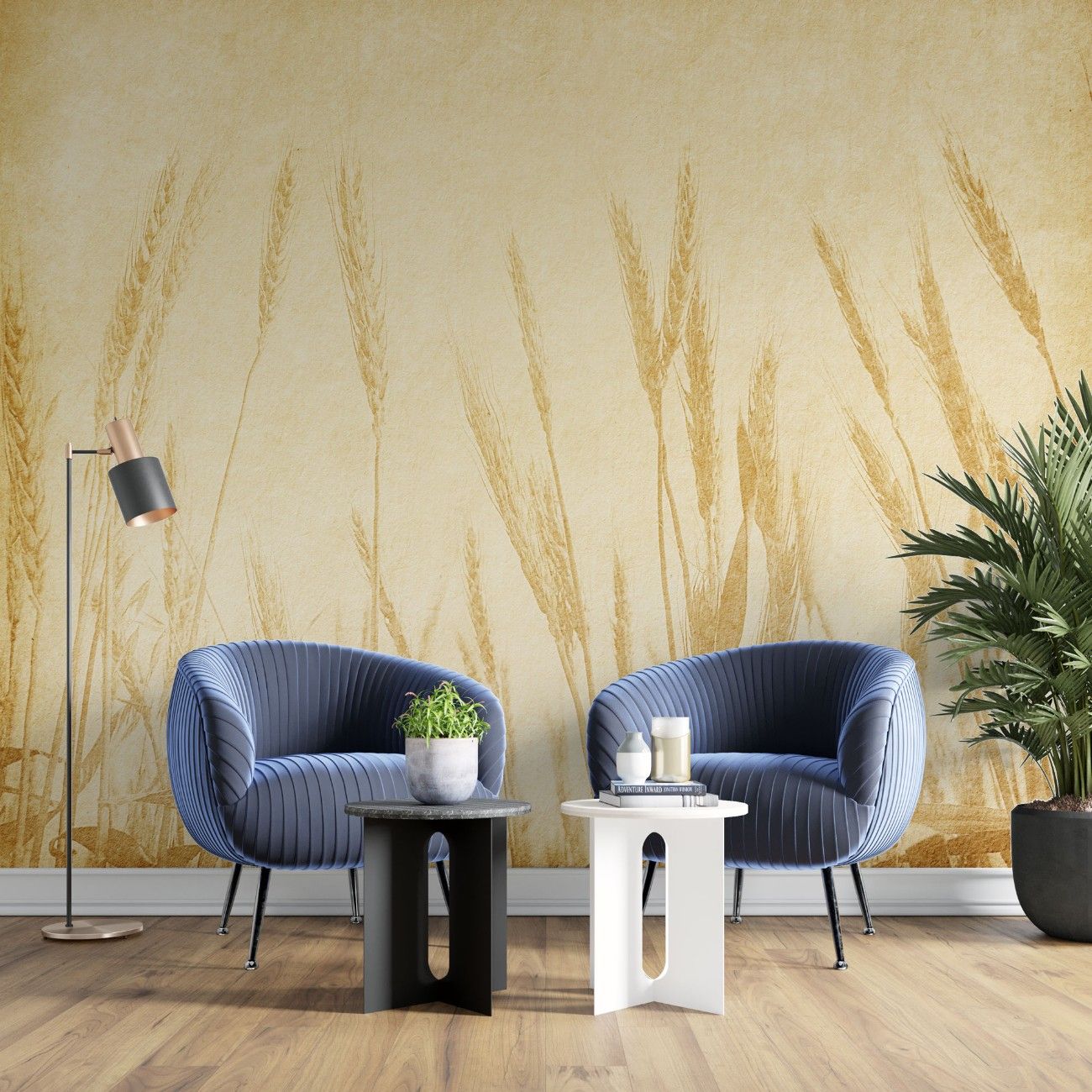 tapet personalizat leaf cu frunze inspirat din campurile de grau cu spice aurii pe un fundal bej creand o atmosfera rustica si calda wheat